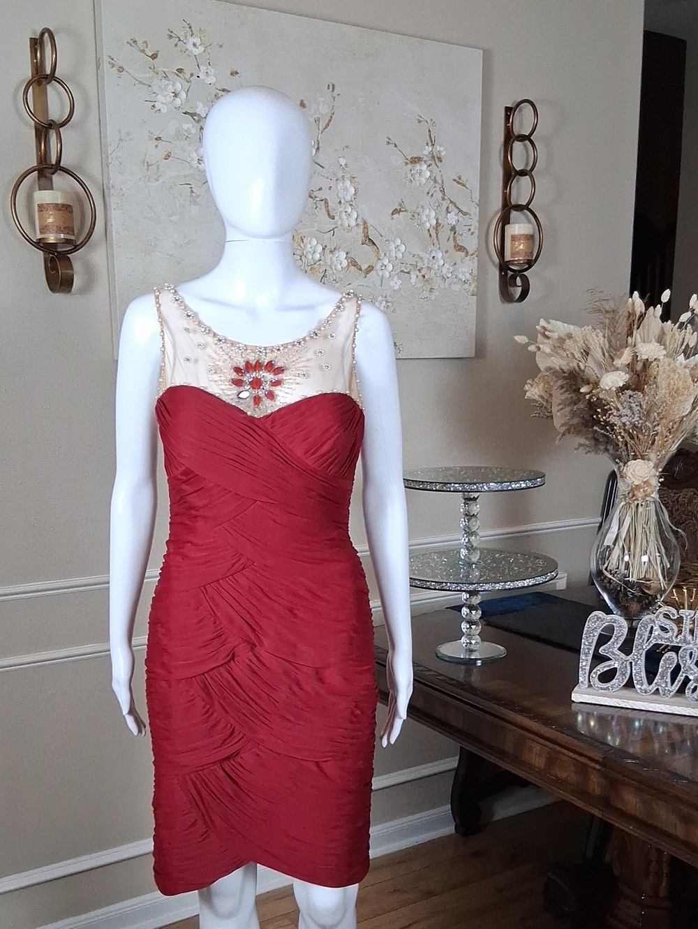 Adrianna Papell Deep Red Beaded Illusion Neck Cocktail Pleated Dress Medium - Picture 4 of 16